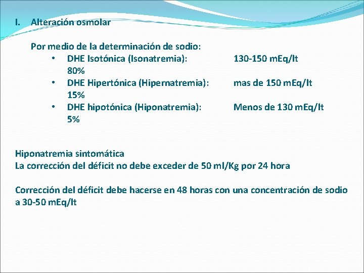 I. Alteración osmolar Por medio de la determinación de sodio: • DHE Isotónica (Isonatremia):