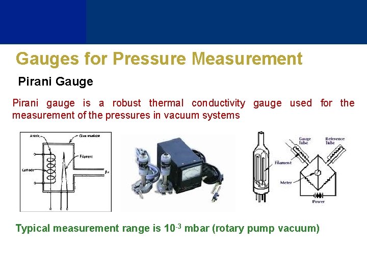 Gauges for Pressure Measurement Pirani Gauge Pirani gauge is a robust thermal conductivity gauge