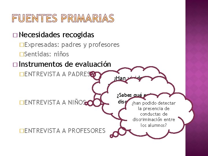 � Necesidades recogidas �Expresadas: padres y profesores �Sentidas: niños � Instrumentos �ENTREVISTA de evaluación