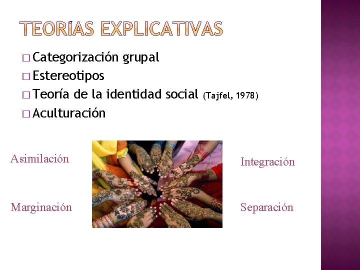 � Categorización grupal � Estereotipos � Teoría de la identidad social � Aculturación (Tajfel,