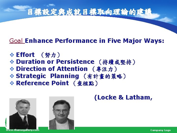 目標設定與成就目標取向理論的建議 Goal Enhance Performance in Five Major Ways: v Effort （努力） v Duration or