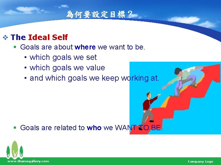 為何要設定目標？ v The Ideal Self § Goals are about where we want to be.