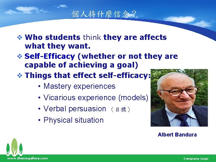 個人持什麼信念？ v Who students think they are affects what they want. v Self-Efficacy (whether