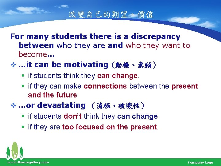 改變自己的期望、價值 For many students there is a discrepancy between who they are and who