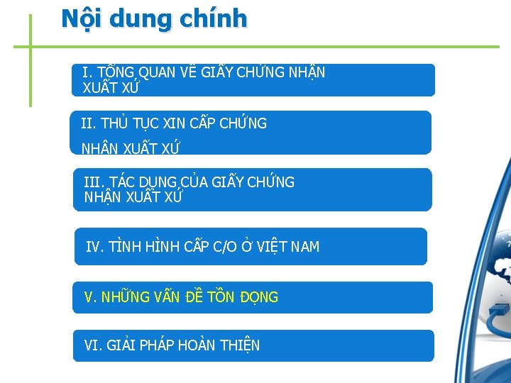 Nội dung chính I. TỔNG QUAN VỀ GIẤY CHỨNG NHẬN XUẤT XỨ II. THỦ