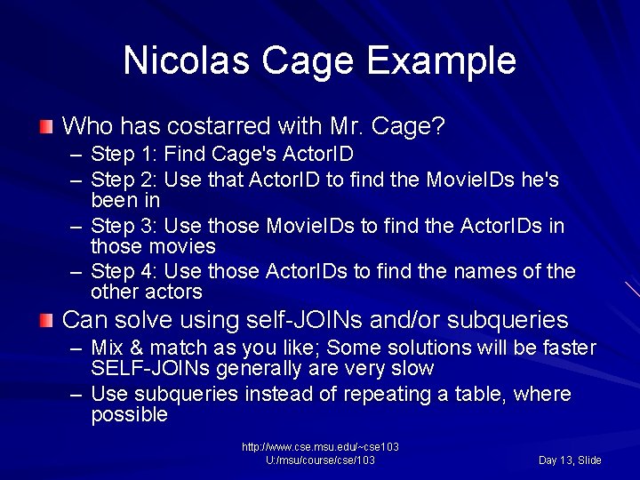 Nicolas Cage Example Who has costarred with Mr. Cage? – Step 1: Find Cage's