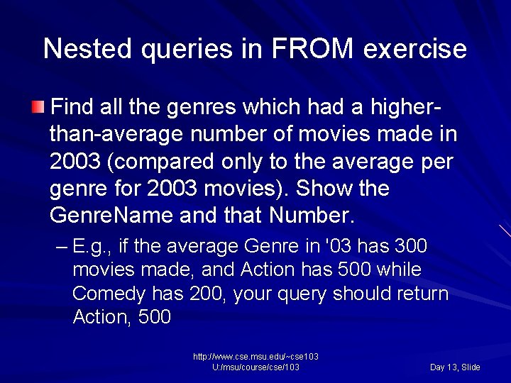 Nested queries in FROM exercise Find all the genres which had a higherthan-average number