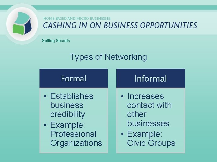 Selling Secrets Types of Networking Formal • Establishes business credibility • Example: Professional Organizations