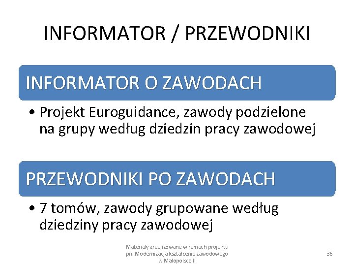 INFORMATOR / PRZEWODNIKI INFORMATOR O ZAWODACH • Projekt Euroguidance, zawody podzielone na grupy według