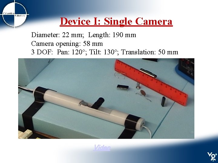 Device I: Single Camera Diameter: 22 mm; Length: 190 mm Camera opening: 58 mm