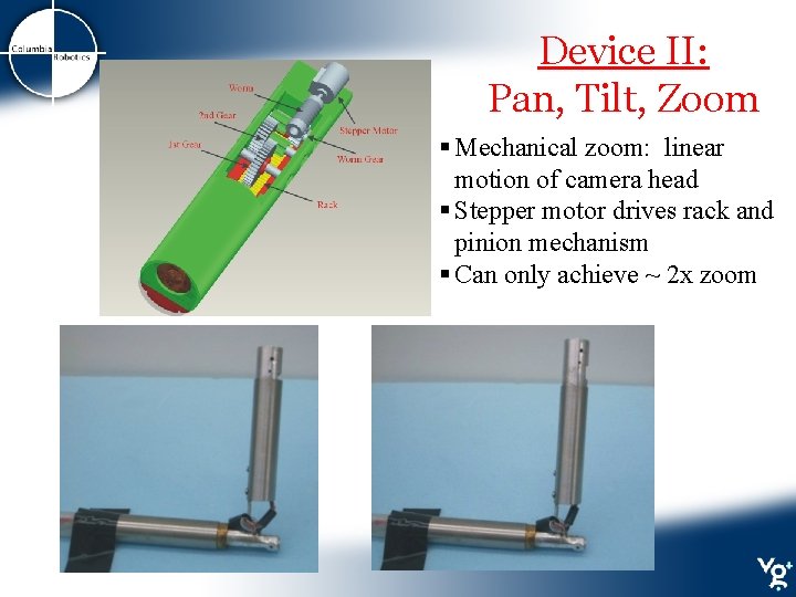 Device II: Pan, Tilt, Zoom § Mechanical zoom: linear motion of camera head §