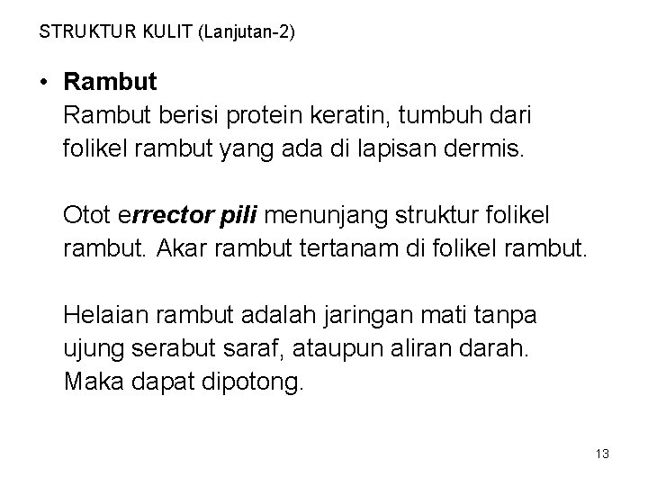 STRUKTUR KULIT (Lanjutan-2) • Rambut berisi protein keratin, tumbuh dari folikel rambut yang ada