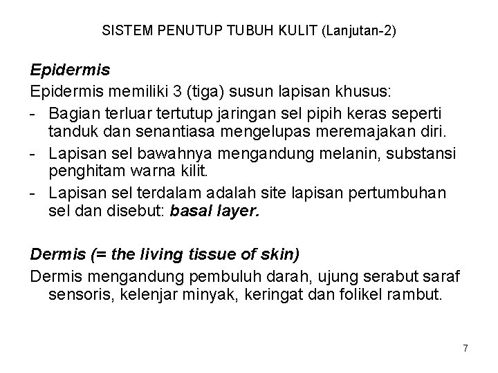 SISTEM PENUTUP TUBUH KULIT (Lanjutan-2) Epidermis memiliki 3 (tiga) susun lapisan khusus: - Bagian