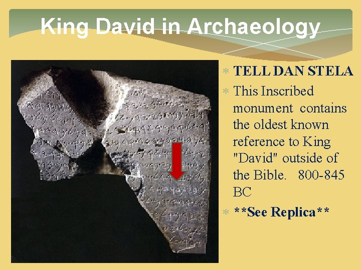 King David in Archaeology TELL DAN STELA This Inscribed monument contains the oldest known King David in Archaeology TELL DAN STELA This Inscribed monument contains the oldest known