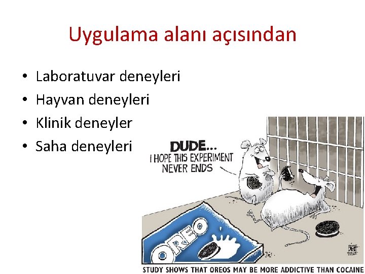 Uygulama alanı açısından • • Laboratuvar deneyleri Hayvan deneyleri Klinik deneyler Saha deneyleri 