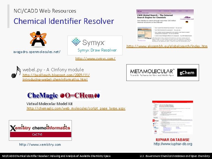 NCI/CADD Web Resources Chemical Identifier Resolver avogadro. openmolecules. net/ Symyx Draw Resolver http: //www.