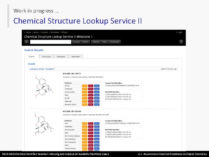 Work in progress … Chemical Structure Lookup Service II NCI/CADD Chemical Identifier Resolver: Indexing