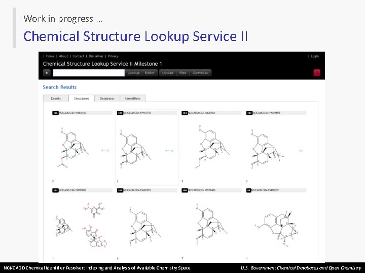 Work in progress … Chemical Structure Lookup Service II NCI/CADD Chemical Identifier Resolver: Indexing