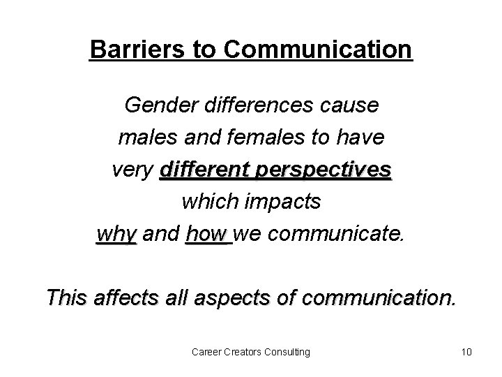 Barriers to Communication Gender differences cause males and females to have very different perspectives