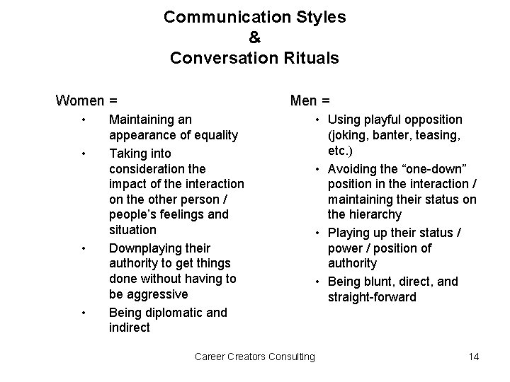 Communication Styles & Conversation Rituals Women = • • Men = Maintaining an appearance