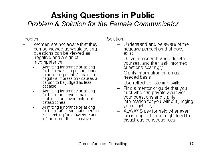 Asking Questions in Public Problem & Solution for the Female Communicator Problem: – Women