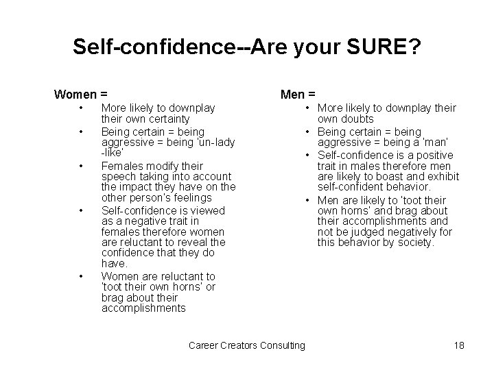 Self-confidence--Are your SURE? Women = • • • Men = More likely to downplay