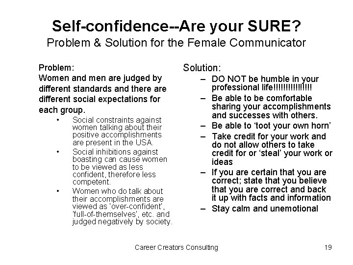 Self-confidence--Are your SURE? Problem & Solution for the Female Communicator Problem: Women and men
