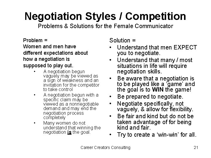 Negotiation Styles / Competition Problems & Solutions for the Female Communicator Problem = Women