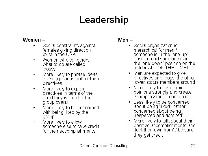 Leadership Women = • • • Men = Social constraints against females giving direction