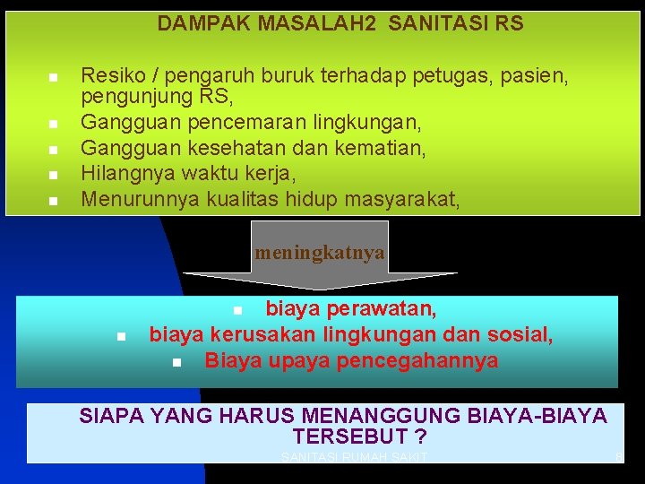 DAMPAK MASALAH 2 SANITASI RS n n n Resiko / pengaruh buruk terhadap petugas,