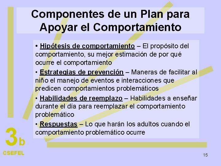 Componentes de un Plan para Apoyar el Comportamiento • Hipótesis de comportamiento – El