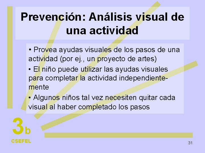 Prevención: Análisis visual de una actividad • Provea ayudas visuales de los pasos de