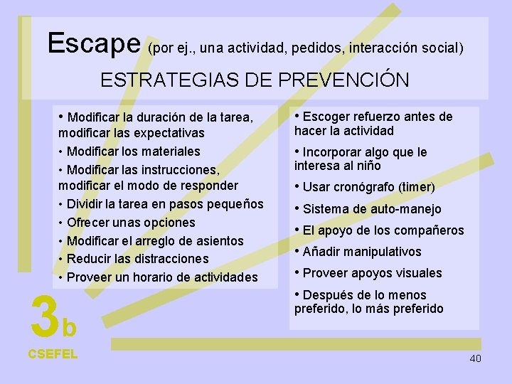 Escape (por ej. , una actividad, pedidos, interacción social) ESTRATEGIAS DE PREVENCIÓN • Modificar