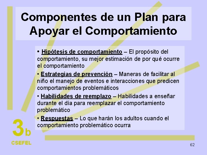 Componentes de un Plan para Apoyar el Comportamiento • Hipótesis de comportamiento – El