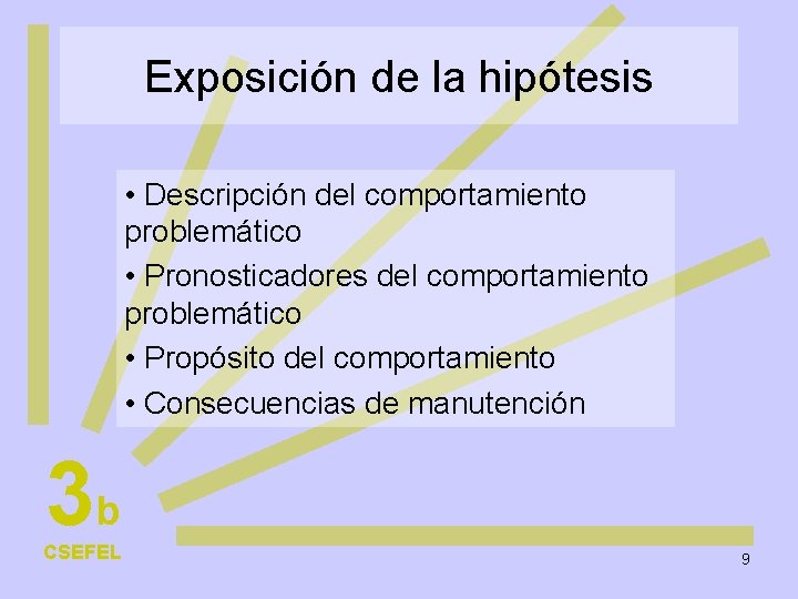 Exposición de la hipótesis • Descripción del comportamiento problemático • Pronosticadores del comportamiento problemático