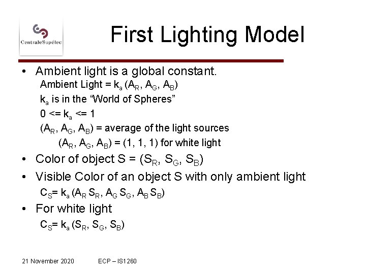 First Lighting Model • Ambient light is a global constant. Ambient Light = ka
