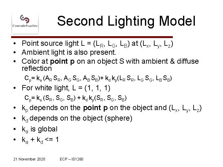 Second Lighting Model • Point source light L = (LR, LG, LB) at (Lx,