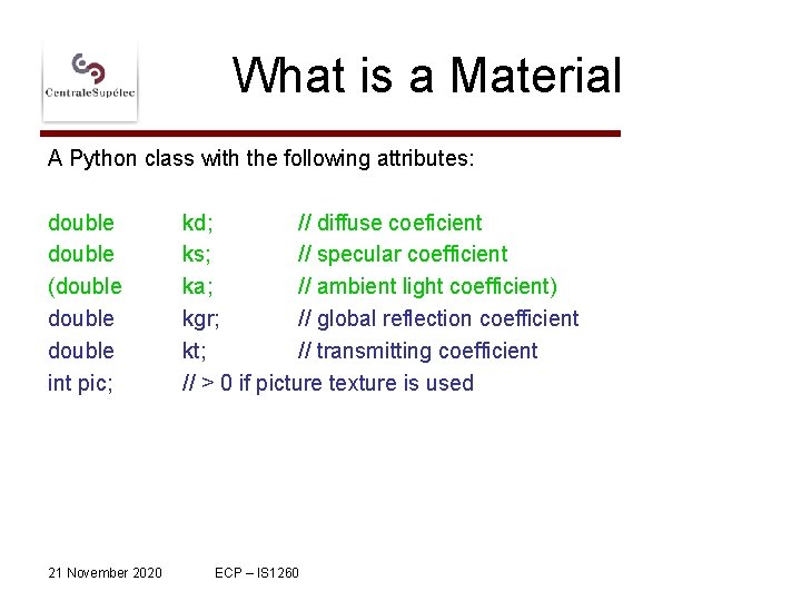 What is a Material A Python class with the following attributes: double (double int