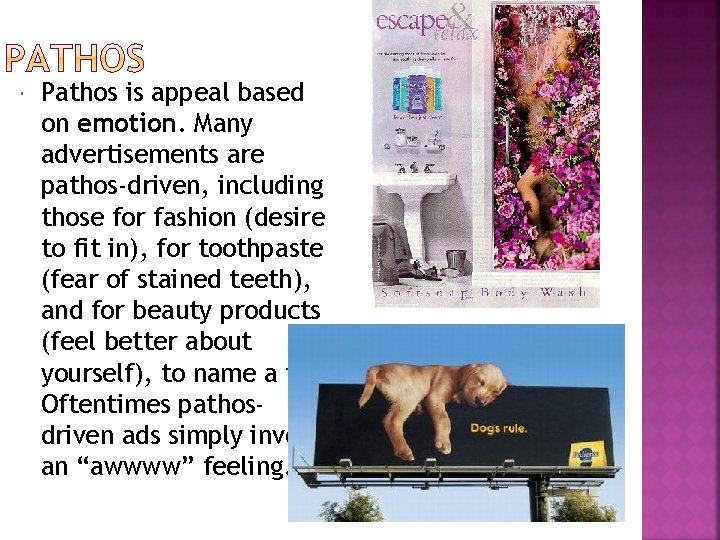  Pathos is appeal based on emotion. Many advertisements are pathos-driven, including those for