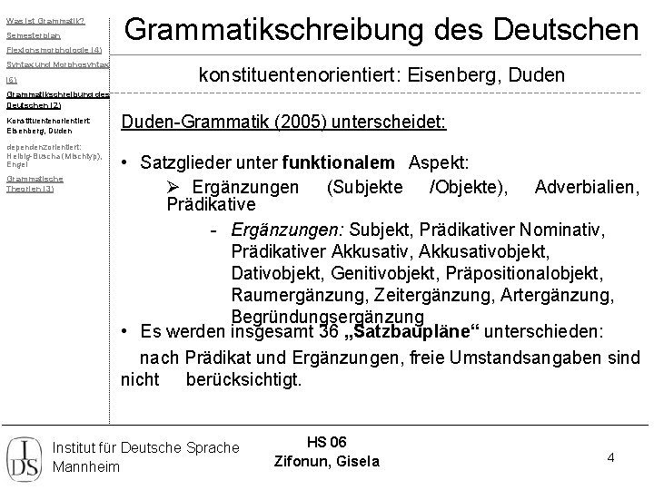 Was ist Grammatik? Semesterplan Flexionsmorphologie (4) Syntax und Morphosyntax (6) Grammatikschreibung des Deutschen konstituentenorientiert: