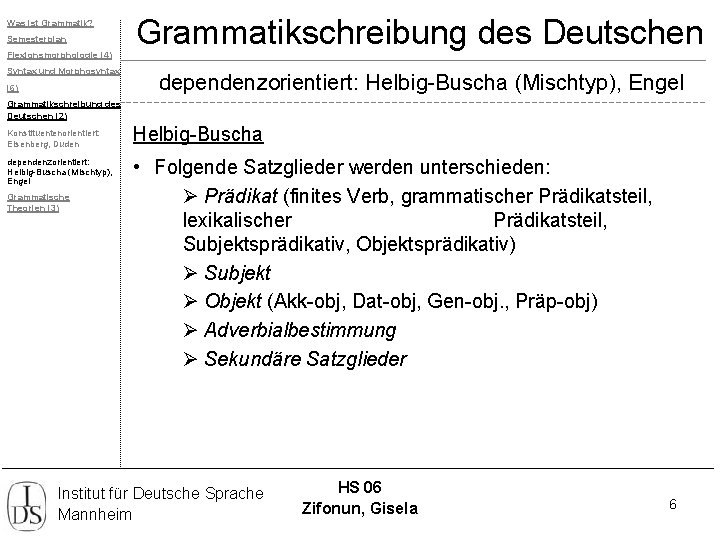 Was ist Grammatik? Semesterplan Flexionsmorphologie (4) Syntax und Morphosyntax (6) Grammatikschreibung des Deutschen dependenzorientiert: