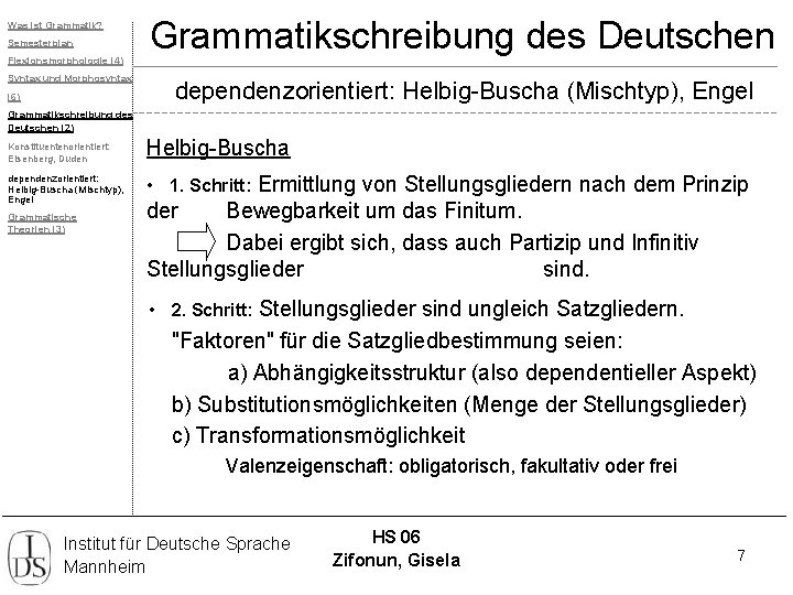 Was ist Grammatik? Semesterplan Flexionsmorphologie (4) Syntax und Morphosyntax (6) Grammatikschreibung des Deutschen dependenzorientiert: