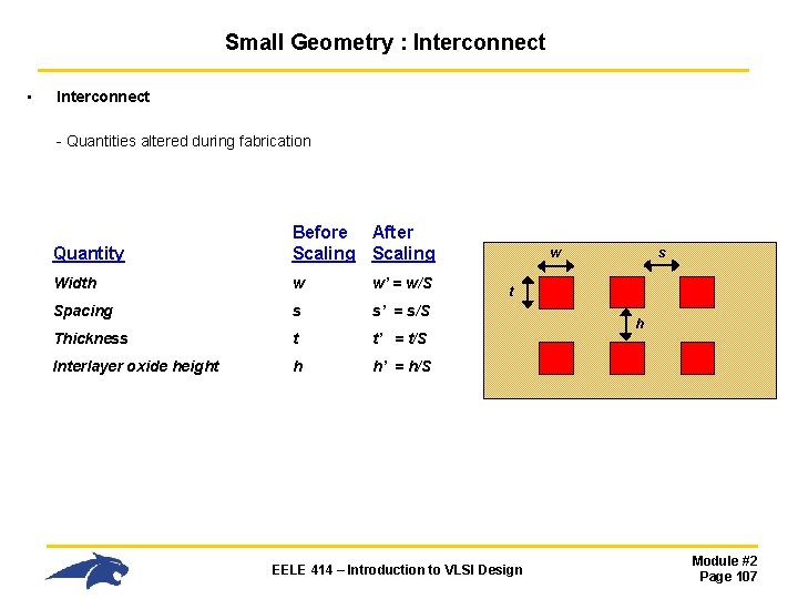 Small Geometry : Interconnect • Interconnect - Quantities altered during fabrication Quantity Before After