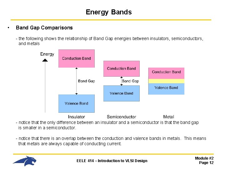 Energy Bands • Band Gap Comparisons - the following shows the relationship of Band