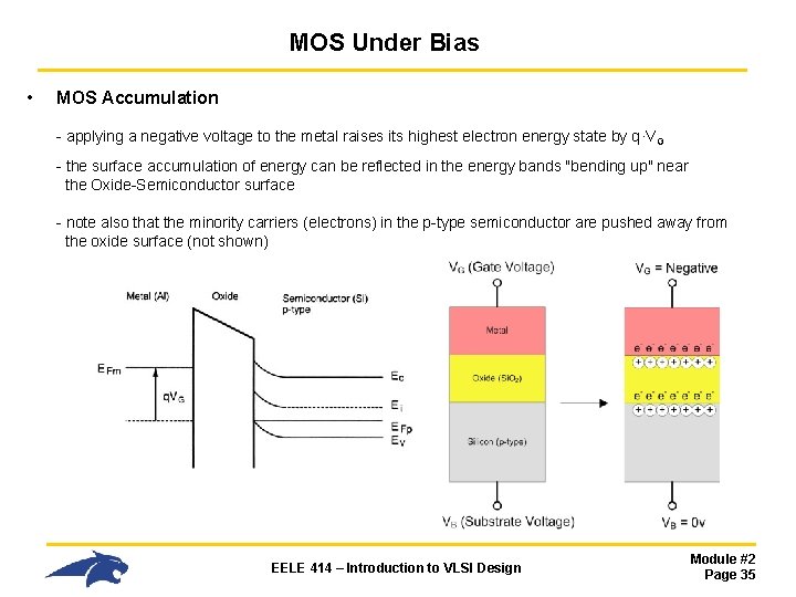 MOS Under Bias • MOS Accumulation - applying a negative voltage to the metal
