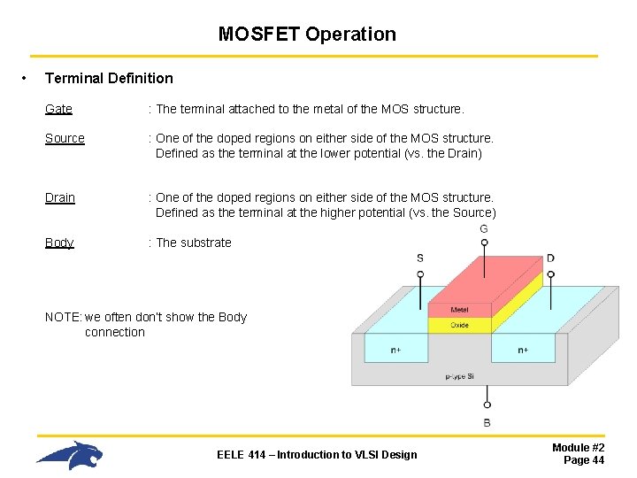 MOSFET Operation • Terminal Definition Gate : The terminal attached to the metal of