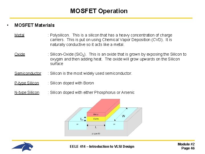 MOSFET Operation • MOSFET Materials Metal : Polysilicon. This is a silicon that has