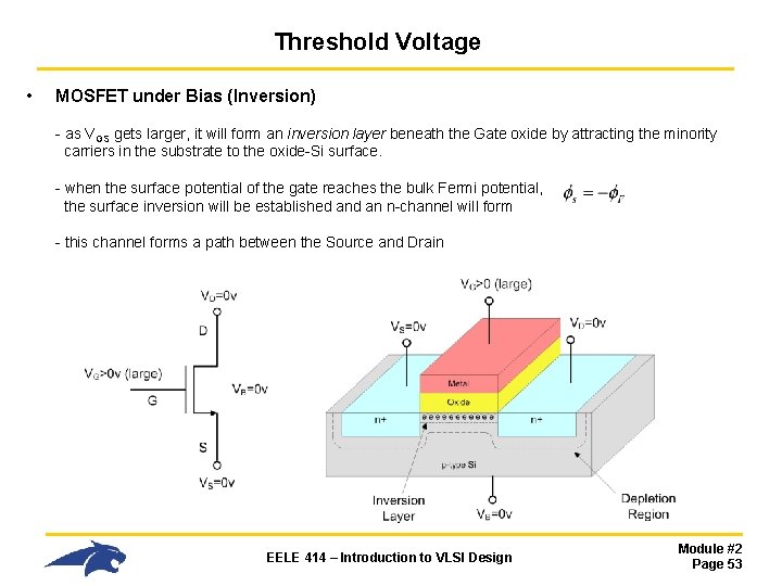 Threshold Voltage • MOSFET under Bias (Inversion) - as VGS gets larger, it will