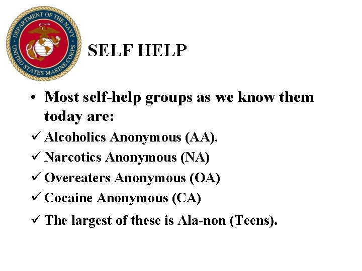 SELF HELP • Most self-help groups as we know them today are: ü Alcoholics