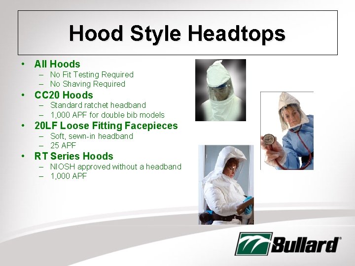 Hood Style Headtops • All Hoods – No Fit Testing Required – No Shaving